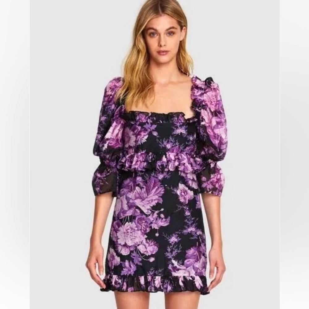 Alice McCall Style Black Dress with Purple Floral Print and Puff Sleeves